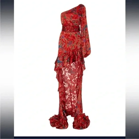 Alexis Marseille Floral Red Gown Maxi Dress One Shoulder High-Low Ruffle size M - Picture 5 of 11